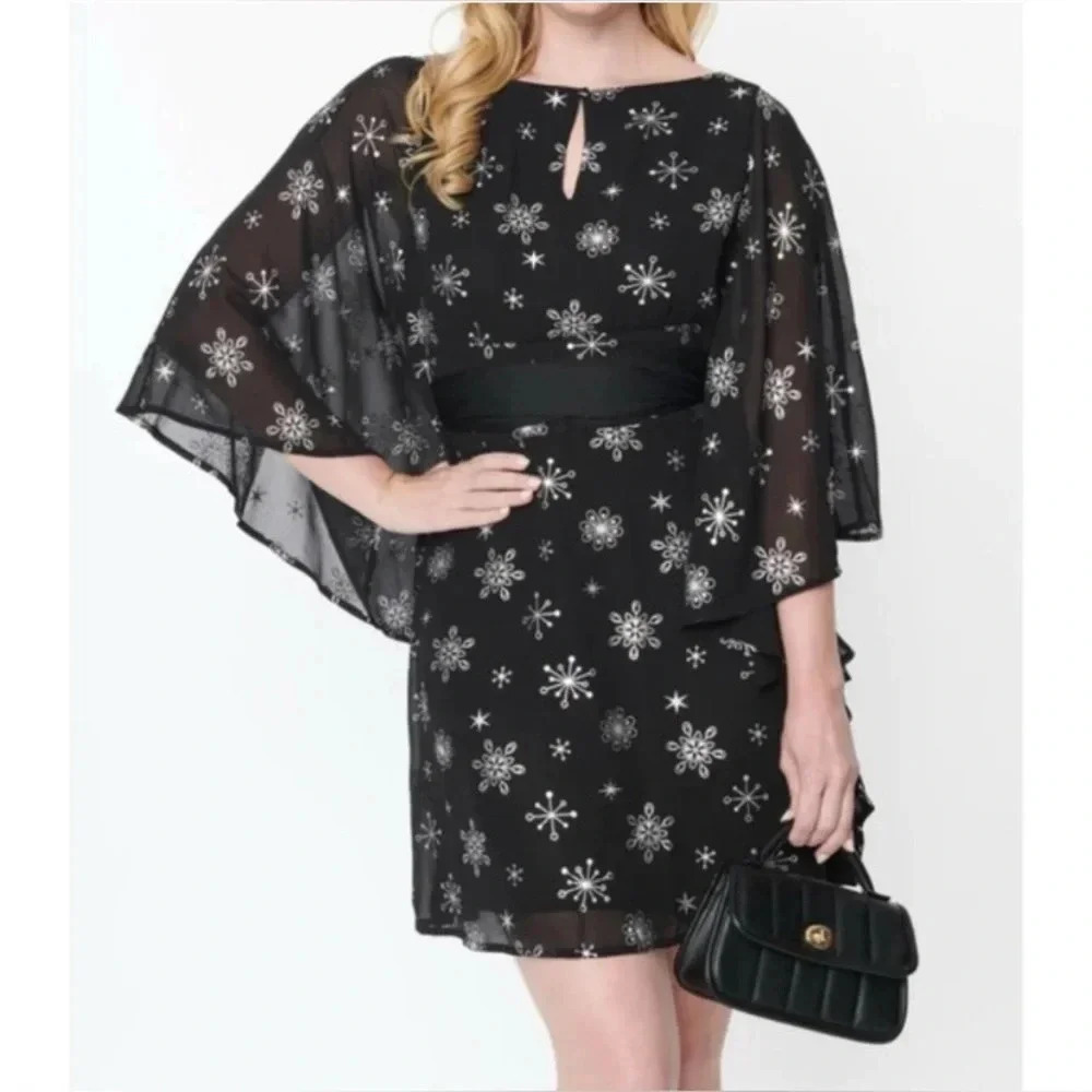 🦋B2G1🦋UNIQUE VINTAGE SMAK PARLOUR Black & Silver Snowflake Batwing Dress…